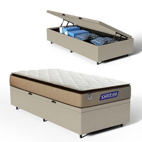 Cama Box Baú + Colchão Gazin de Molas Ensacadas Pillow Top Air Pro Solteiro 88 cm