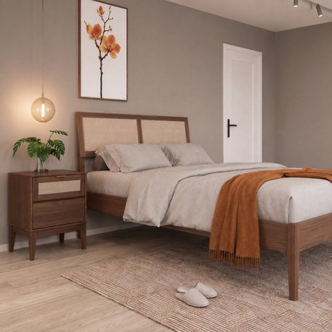 Cama Queen em Madeira Maciça e Palha Sintética Siena Marrom