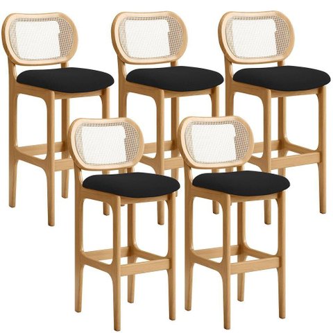 Kit 05 Banquetas Altas para Cozinha Bancada Sala Tela Betta Fixa L02 Bouclê Preto - Lyam