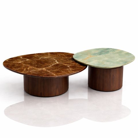 Conjunto de Centro Orgânico 80 Cm Bases Nogueira Tampo Mármore da Vinci &amp; Marrom Imperial
