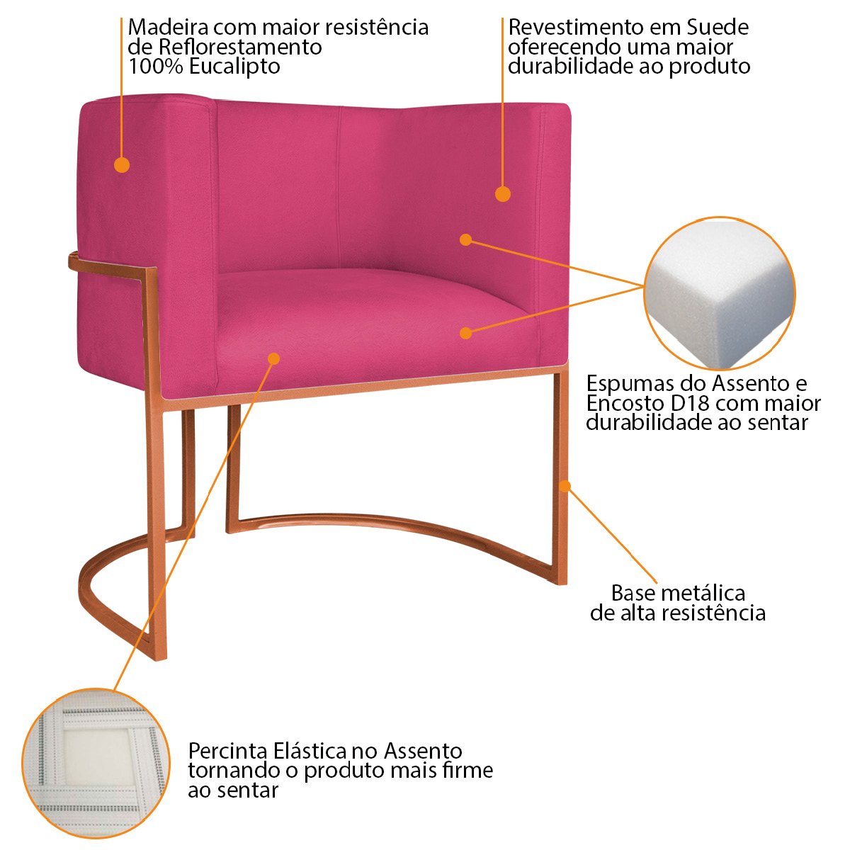 Kit 02 Poltronas Decorativas Luna Base de Ferro Bronze Suede Doce Sonho Móveis Pink - 4
