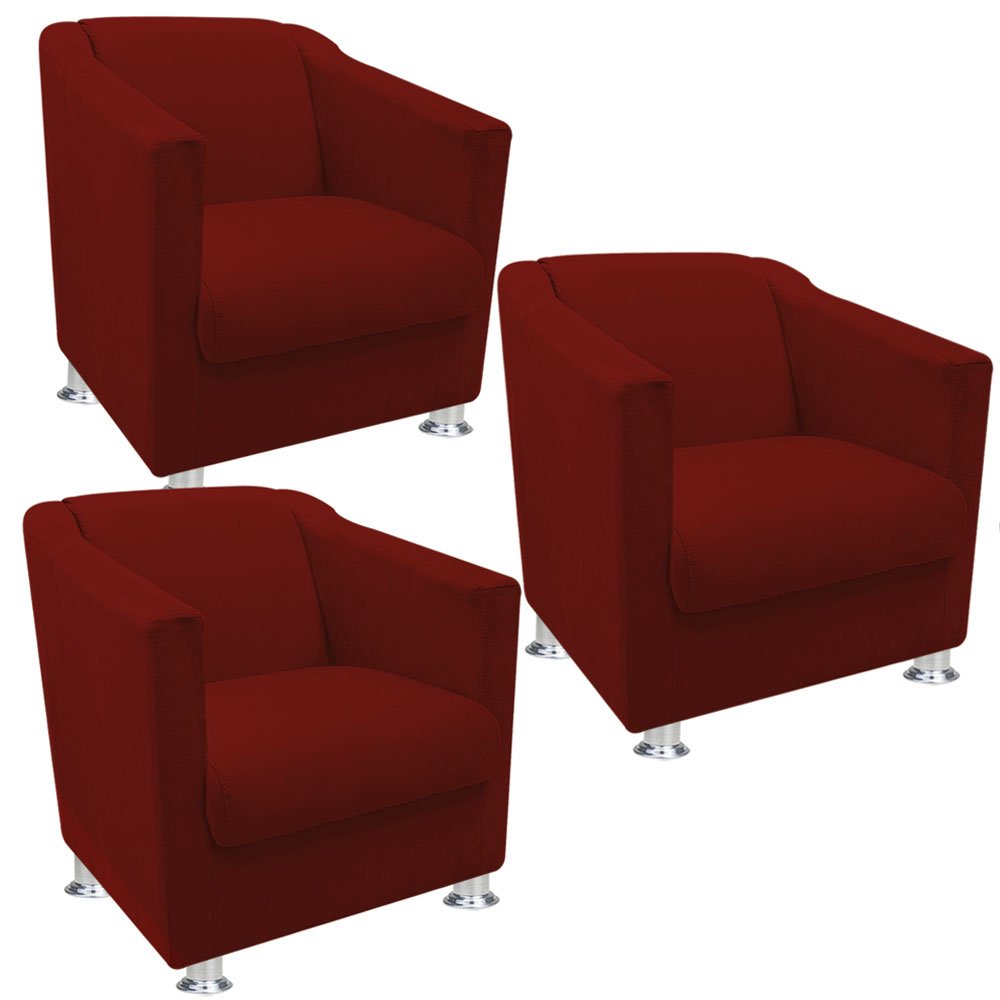Kit 3 Poltrona Cadeira Decorativa Escritório Tilla Suede Vermelho - 1