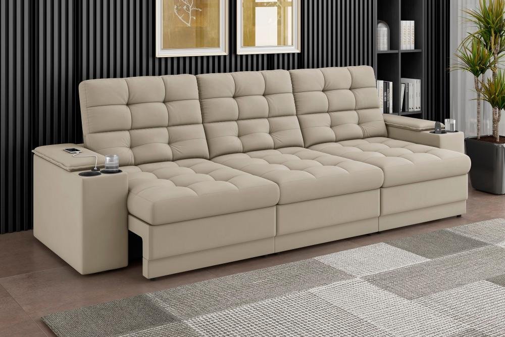 Sofá Confort Premium 2,30m Assento Retrátil/reclinável Porta Copos e Usb Suede Areia - Xflex - 1