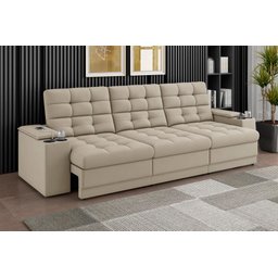 Sofá Confort Premium 2,30m Assento Retrátil/reclinável Porta Copos e Usb Suede Areia - Xflex - 1