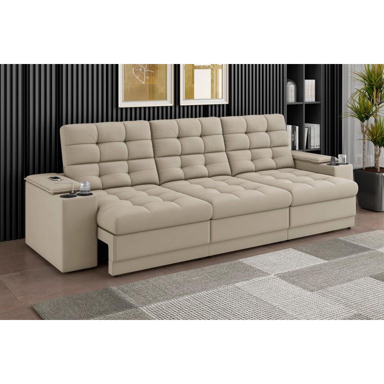 Sofá Confort Premium 2,30m Assento Retrátil/reclinável Porta Copos e Usb Suede Areia - Xflex