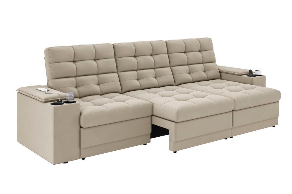 Sofá Confort Premium 2,30m Assento Retrátil/reclinável Porta Copos e Usb Suede Areia - Xflex - 3
