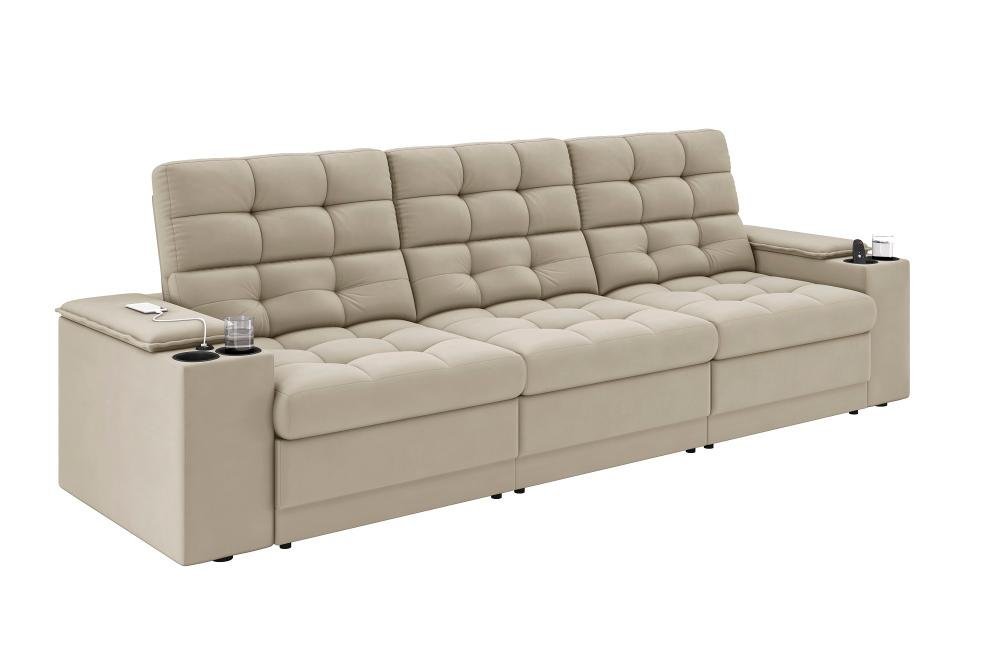 Sofá Confort Premium 2,30m Assento Retrátil/reclinável Porta Copos e Usb Suede Areia - Xflex - 4