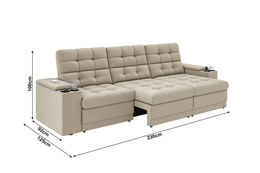 Sofá Confort Premium 2,30m Assento Retrátil/reclinável Porta Copos e Usb Suede Areia - Xflex - 2