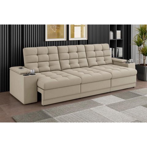 Sofá Confort Premium 2,30m Assento Retrátil e Reclinável Porta Copos e USB Suede Areia - Xflex