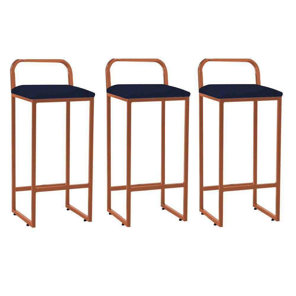 Kit 03 Banqueta Alta Luffi Cozinha Bar Balcão Bistrô Ferro Bronze Suede Azul Marinho - 1