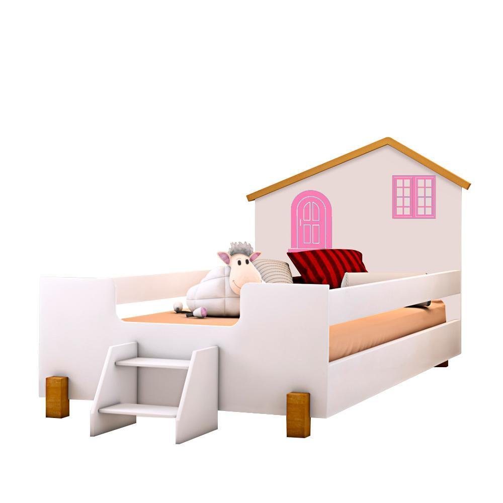 Cama Casinha Montessoriana Solteiro Com Escadinha Branco Rosa Belíssima Divaloto - 4