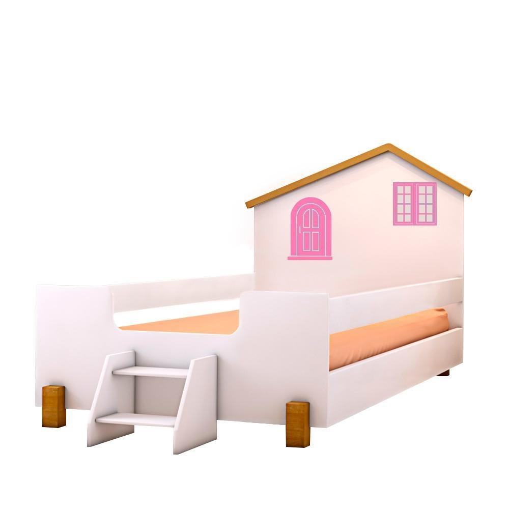 Cama Casinha Montessoriana Solteiro Com Escadinha Branco Rosa Belíssima Divaloto - 2