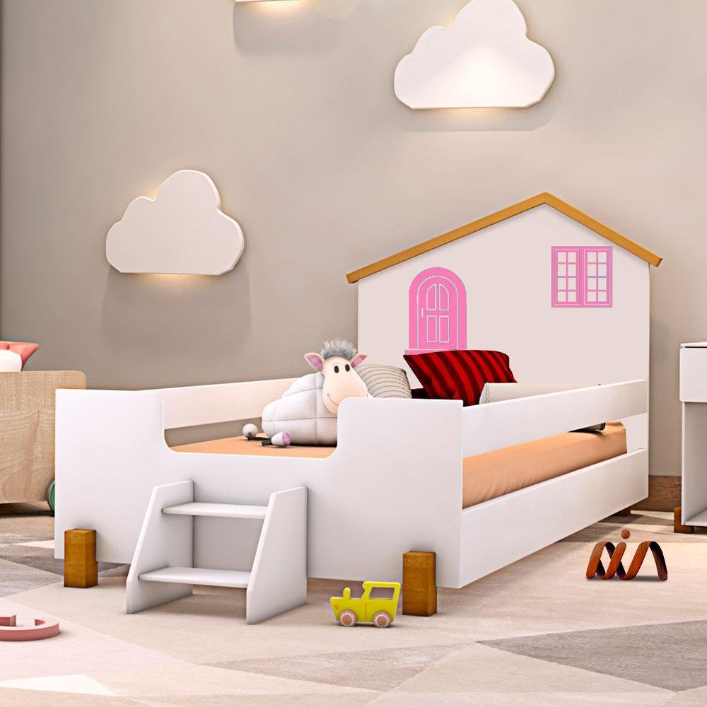 Cama Casinha Montessoriana Solteiro Com Escadinha Branco Rosa Belíssima Divaloto - 1