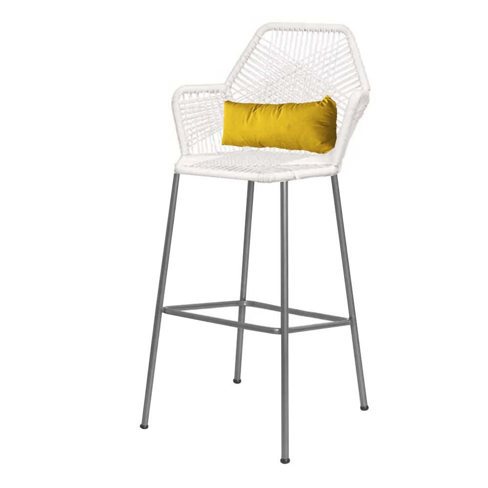 Kit 09 Banqueta Alta Com Encosto Sttar Balcão Ferro Prata Fibra Branco Almofada Sintético Amarelo -  - 3