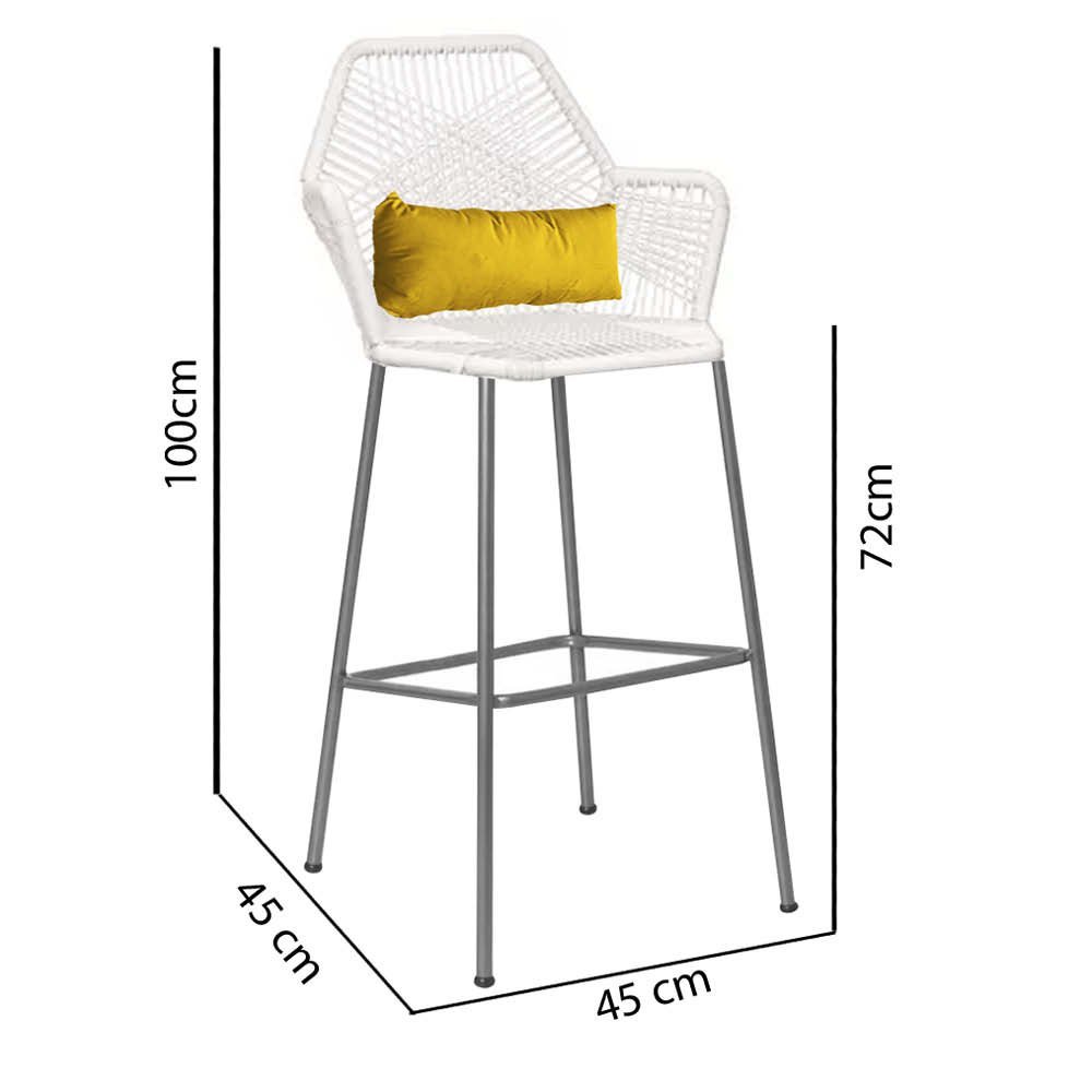 Kit 09 Banqueta Alta Com Encosto Sttar Balcão Ferro Prata Fibra Branco Almofada Sintético Amarelo -  - 4