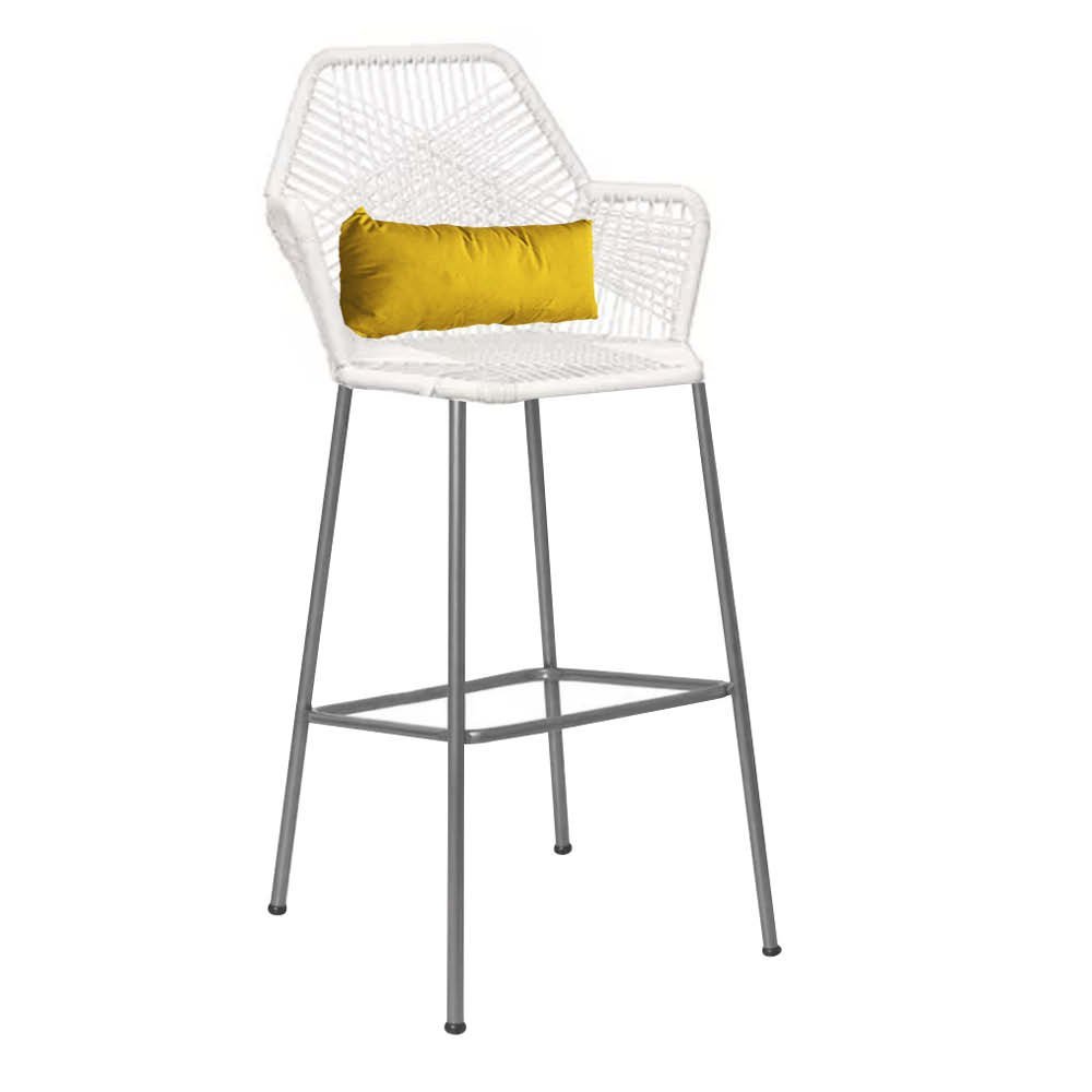 Kit 09 Banqueta Alta Com Encosto Sttar Balcão Ferro Prata Fibra Branco Almofada Sintético Amarelo -  - 2