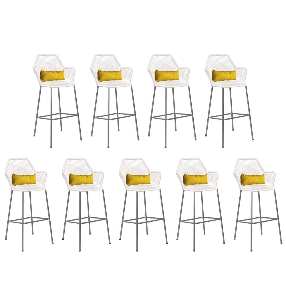 Kit 09 Banqueta Alta Com Encosto Sttar Balcão Ferro Prata Fibra Branco Almofada Sintético Amarelo -  - 1