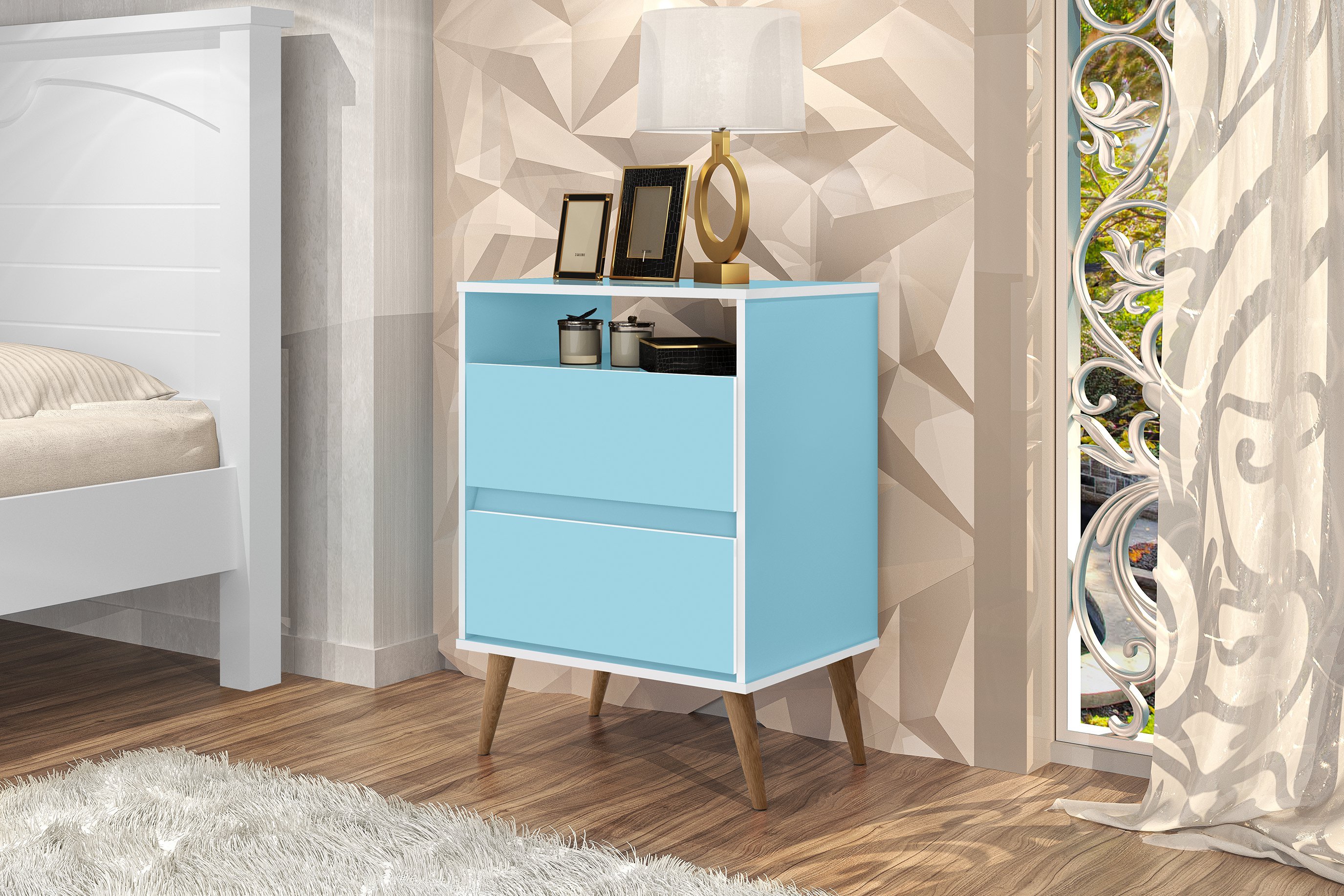 Mesa de Cabeceira Lotus Duas Gavetas e Nicho Pés Retrô em Madeira - J&A Móveis:Azul - 1
