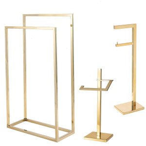 Kit de Acessorios para Banheiro com 3 Peças em Aço Inox Dourado Brilhante Linha Larissa com Toalheir