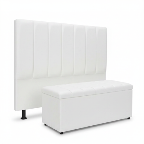 Kit Cabeceira e Calçadeira Baú Carla Casal 140 Cm - Corino Corino Branco