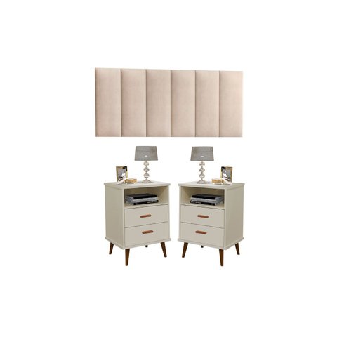 Kit 2 Mesa de Cabeceira 2 gavetas pés retrô -itália- Com Cabeceira Queen 1,60 cm -areia- - Off White