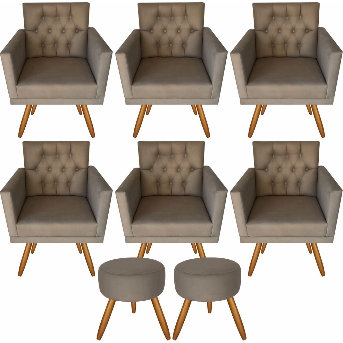 Kit 6 Poltronas Decorativas Lara Capitonê E 2 Pufs Capuccino - 1