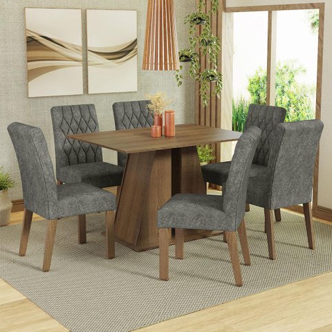 Conjunto Sala de Jantar Mesa Tampo de Madeira 6 Cadeiras Rustic/silver Fabiana Madesa