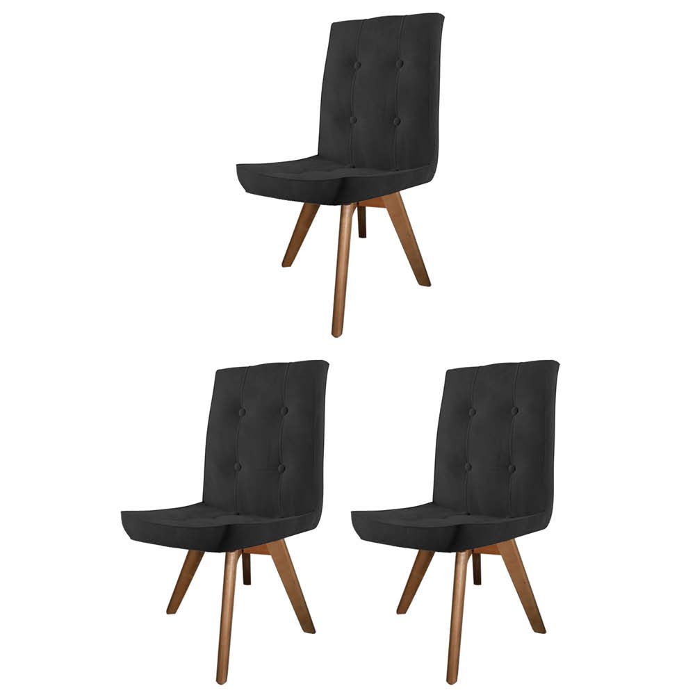 Conjunto 03 Cadeira de Jantar Drop Com Botão Base Giratória Freijó Suede Preto - Amey Decor - 1