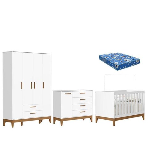 Quarto de Bebê Flip com Cômoda Sapateira Branco Acetinado com Colchão Ortobom - Reller