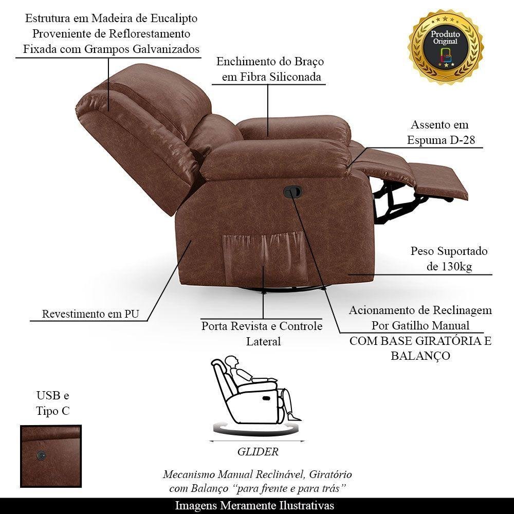 Poltrona do Papai Reclinável Sala de Cinema Barcelona Glider Manual Giratória Usb Pu Marrom Brilho - 6