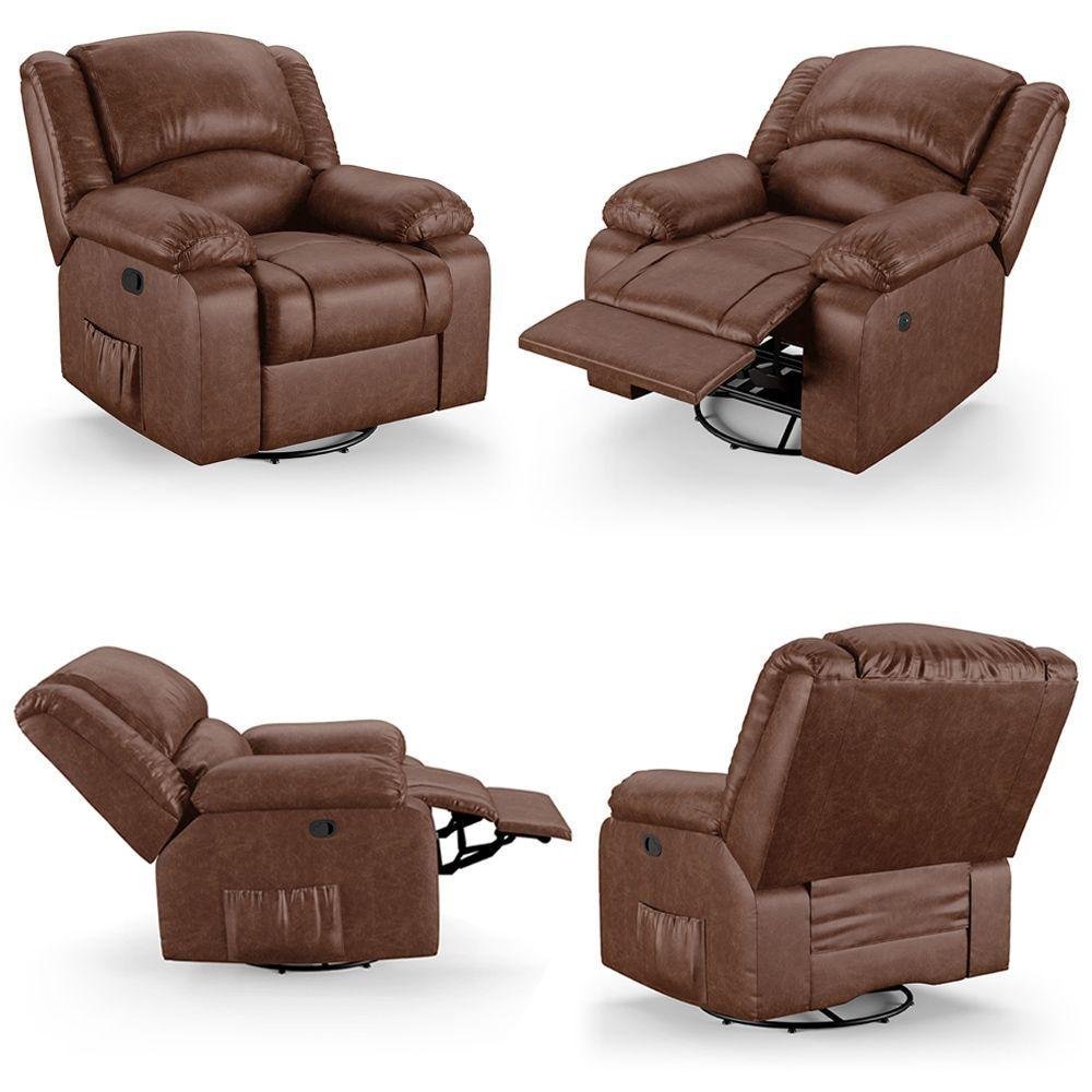 Poltrona do Papai Reclinável Sala de Cinema Barcelona Glider Manual Giratória Usb Pu Marrom Brilho - 2