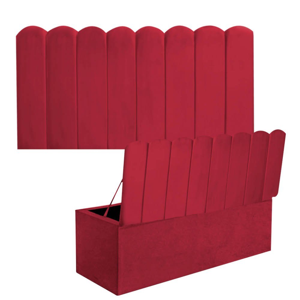 Kit Painel Cabeceira Estofada e Calçadeira Baú Recamier Dallas 100cm Solteiro Suede Vermelho - - 1