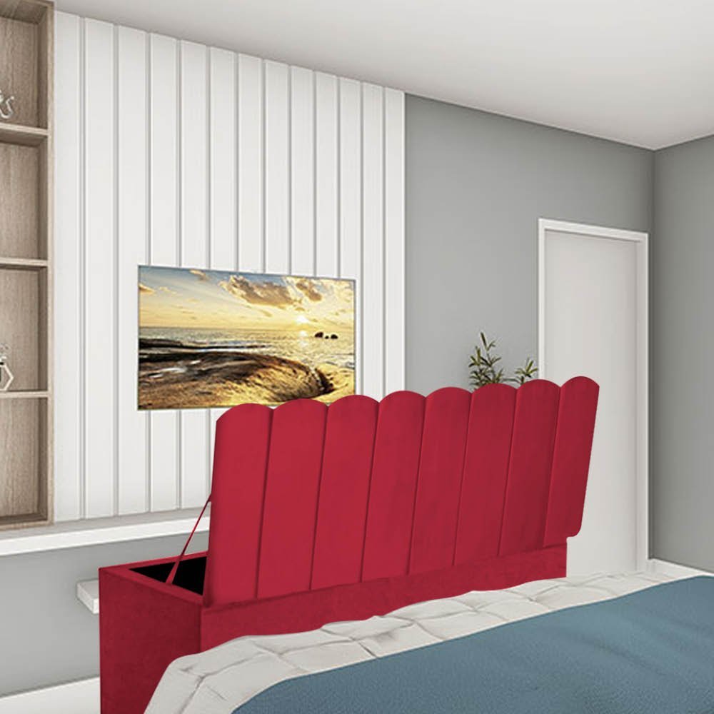 Kit Painel Cabeceira Estofada e Calçadeira Baú Recamier Dallas 100cm Solteiro Suede Vermelho - - 2