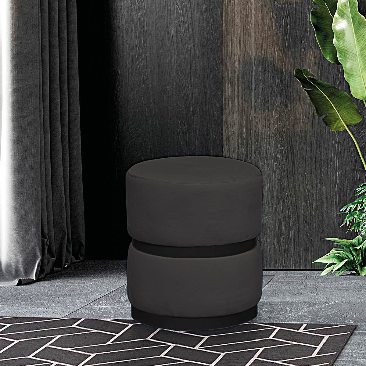 Puff Decorativo Theo Base Preta Aço Suede Cinza - 1
