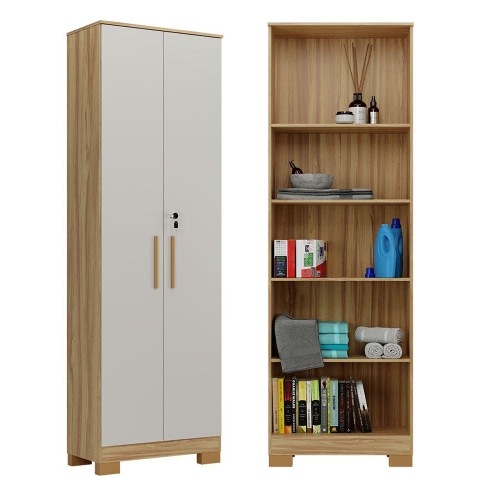 Armário Multiuso 2 Portas com Chave 100% Mdf Bordo Rio Doce Amendoa/offwhite