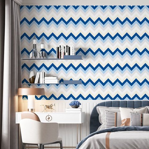 Papel de Parede Adesivo Chevron Azul e Branco - 2,5m