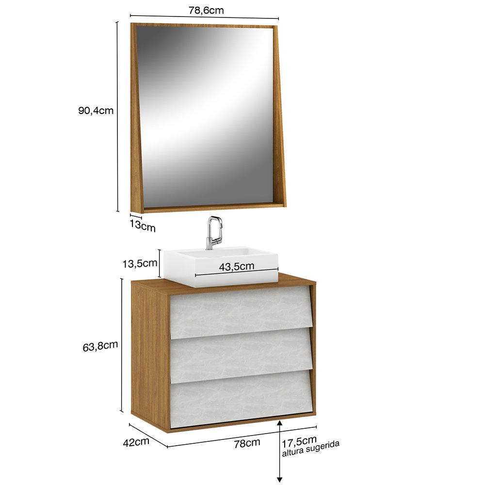 Conjunto Banheiro Gabinete 80 cm 03 Gavetas Com Cuba E Espelheira Oslo B06 Tau Cristal - Lyam Decor - 6