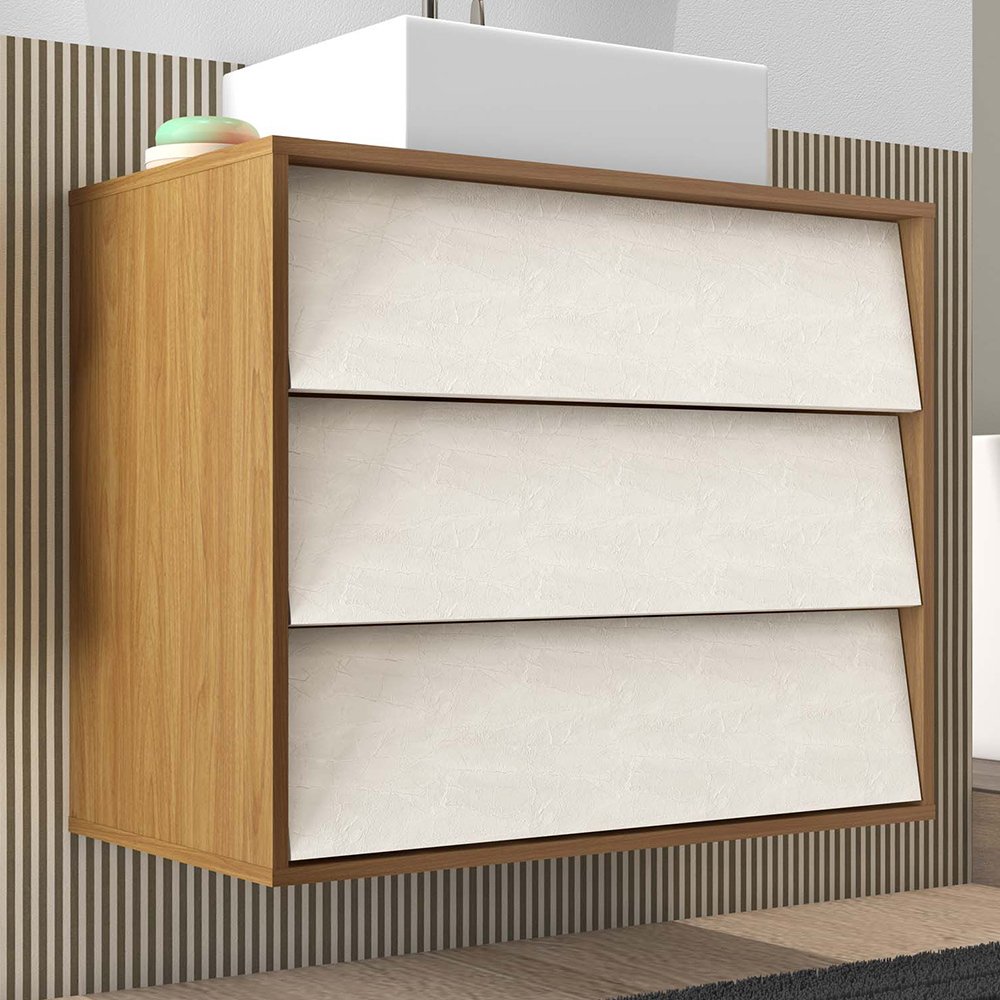 Conjunto Banheiro Gabinete 80 cm 03 Gavetas Com Cuba E Espelheira Oslo B06 Tau Cristal - Lyam Decor - 11