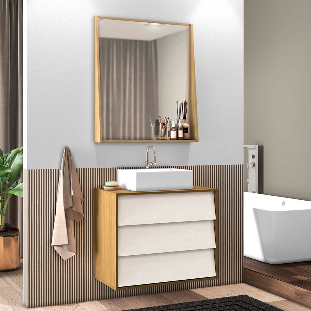 Conjunto Banheiro Gabinete 80 cm 03 Gavetas Com Cuba E Espelheira Oslo B06 Tau Cristal - Lyam Decor - 2