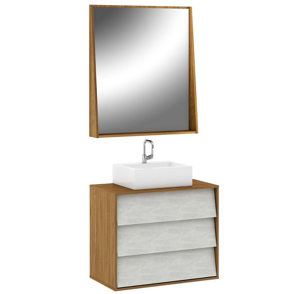Conjunto Banheiro Gabinete 80 cm 03 Gavetas Com Cuba E Espelheira Oslo B06 Tau Cristal - Lyam Decor - 1