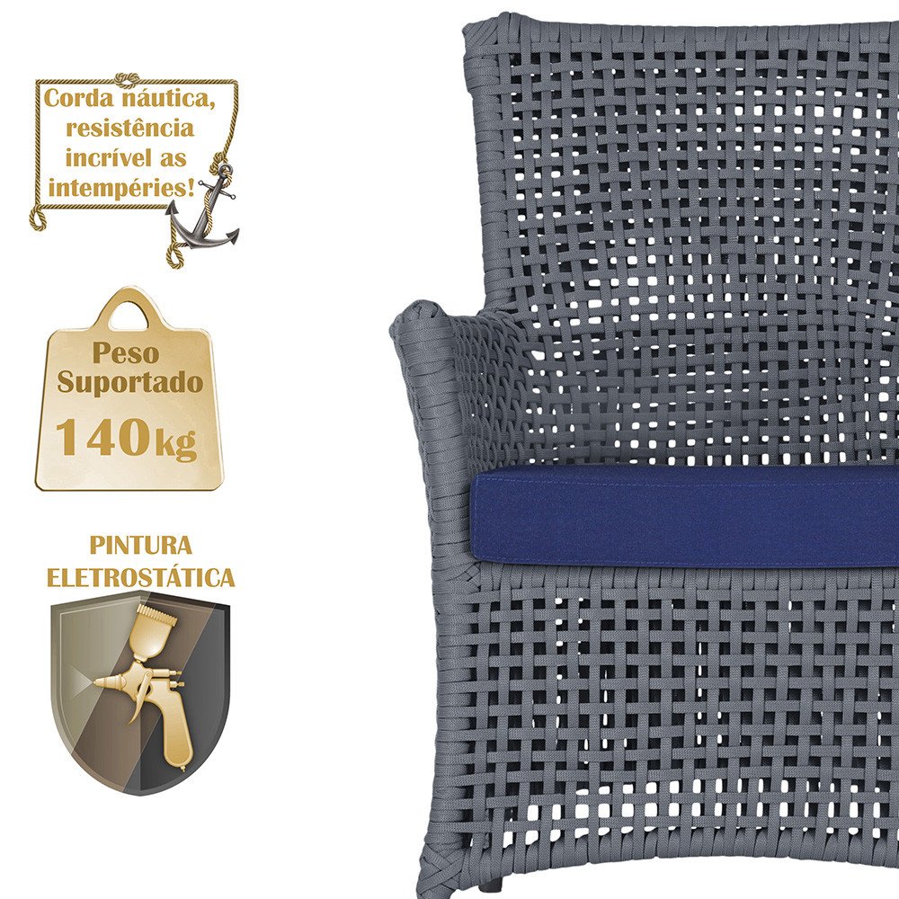 4 Poltronas e 1 Mesa Igapó em Alumínio Pintura Preta Corda Náutica Estofado 10 - 4