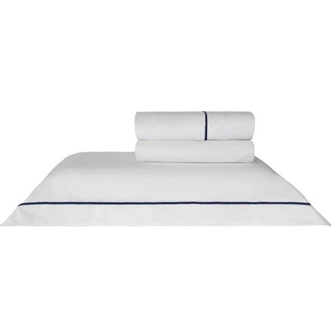 Jogo Cama Festone Classico 200fios Solteiro: Branco/marinho