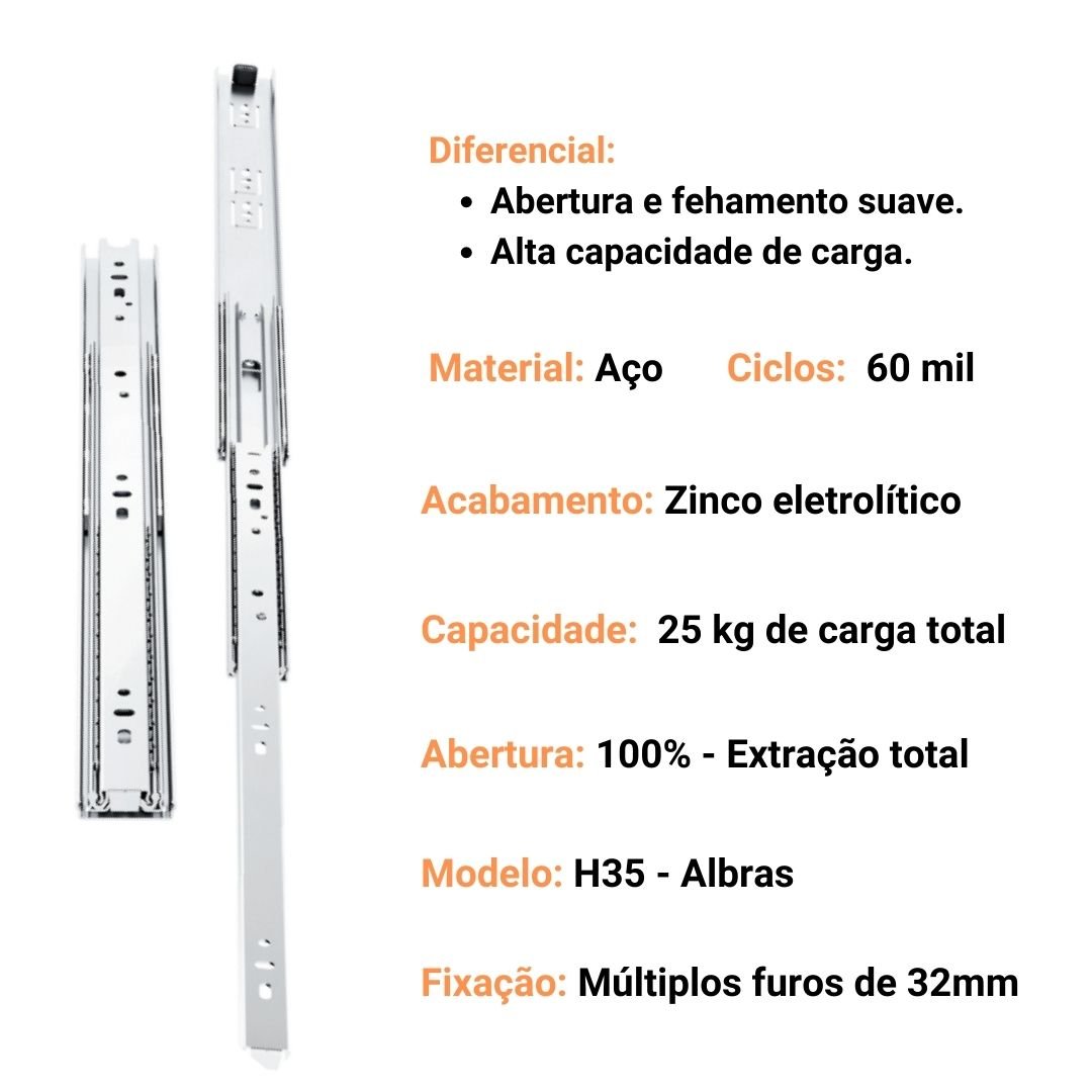 Kit de 2 Pares Corrediça Telescópica Gaveta Puxador H35 500Mm - 3