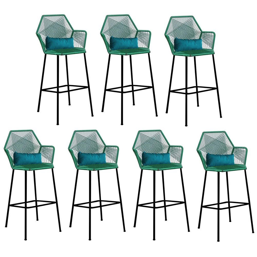 Kit 07 Banqueta Alta Com Encosto Sttar Balcão Ferro Verde Fibra Verde Almofada Suede Azul Turquesa - - 1
