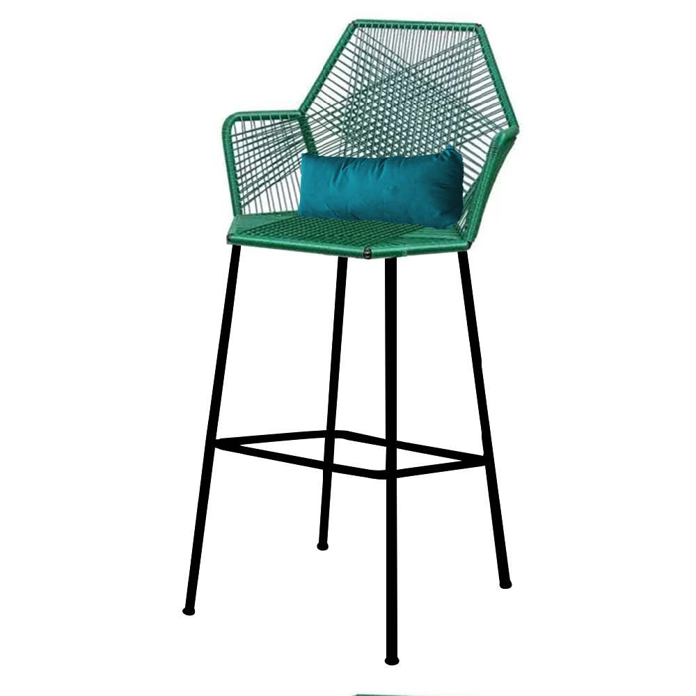 Kit 07 Banqueta Alta Com Encosto Sttar Balcão Ferro Verde Fibra Verde Almofada Suede Azul Turquesa - - 3
