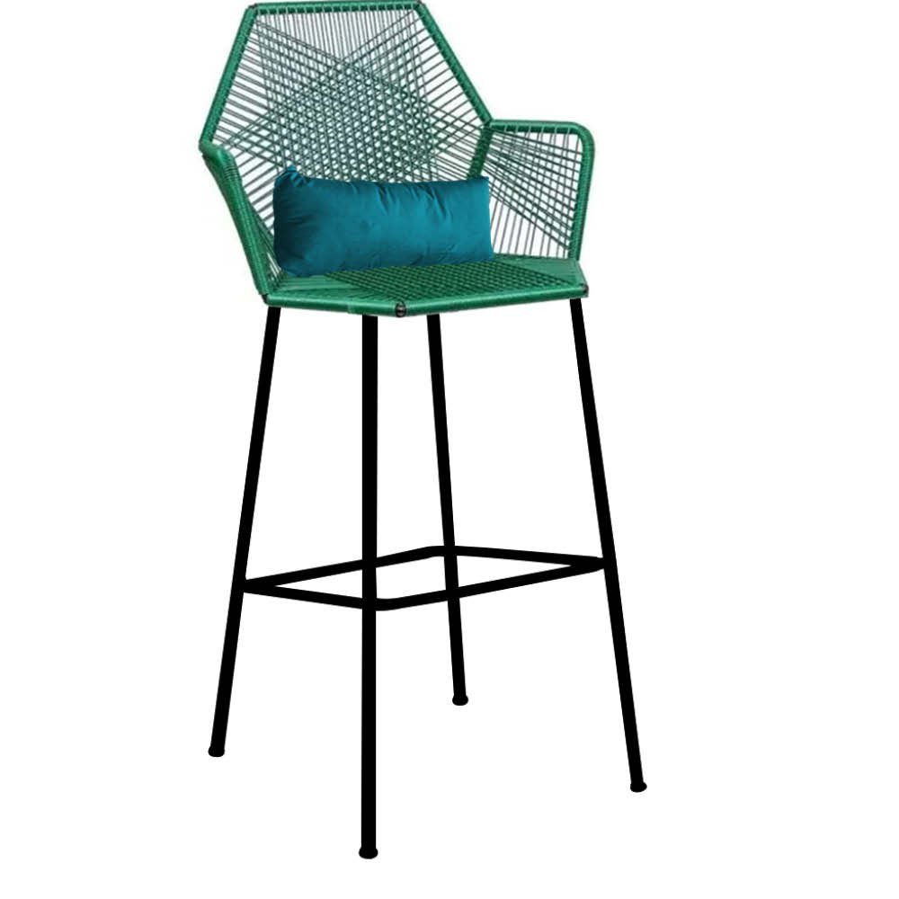 Kit 07 Banqueta Alta Com Encosto Sttar Balcão Ferro Verde Fibra Verde Almofada Suede Azul Turquesa - - 2