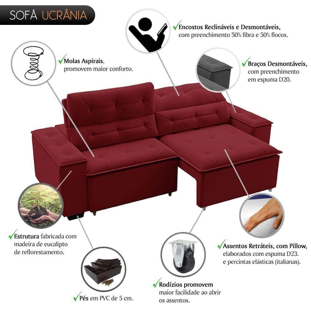 Sofá 4 Lugares Ucrânia Bipartido Veludo Vermelho - 3