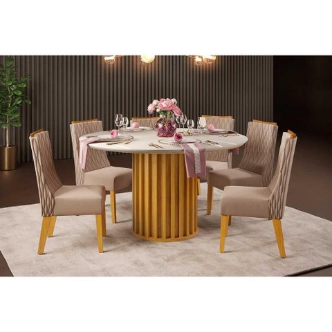 Sala de Jantar Completa Viena C/ Tampo Madeirado C/ Vidro 136x136cm e 6 Cadeiras Jade Cedro/off