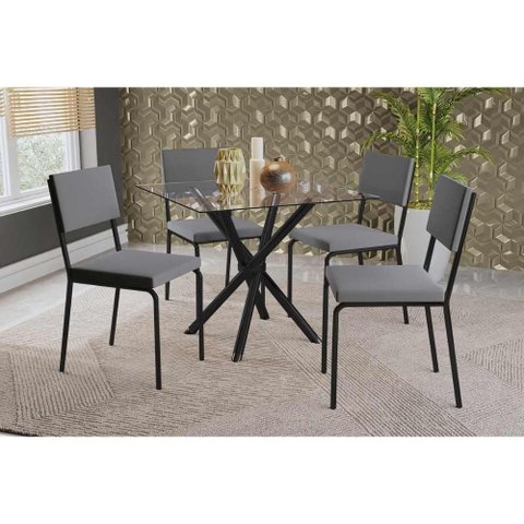 Sala de Jantar Completa Volga c/ Tampo de Vidro 90cm e 4 Cadeiras Zaria Preto - Suede Cinza -