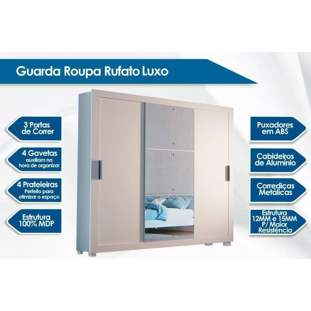 Guarda Roupa Casal Veneza Luxo 3 Portas de Correr e 4 Gavetas C/ Pés Branco - Rufato - 4